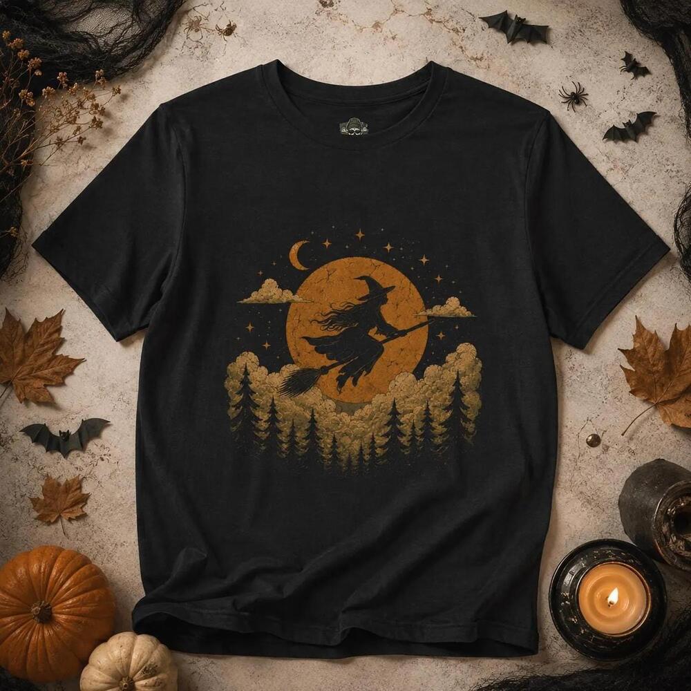 Witch Flying Shirt, Full Moon Broomstick  For Halloween Unisex 100 Cotton